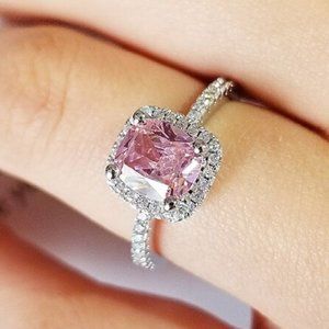 NEW 925 Silver Pink Cushion Sapphire Halo Ring